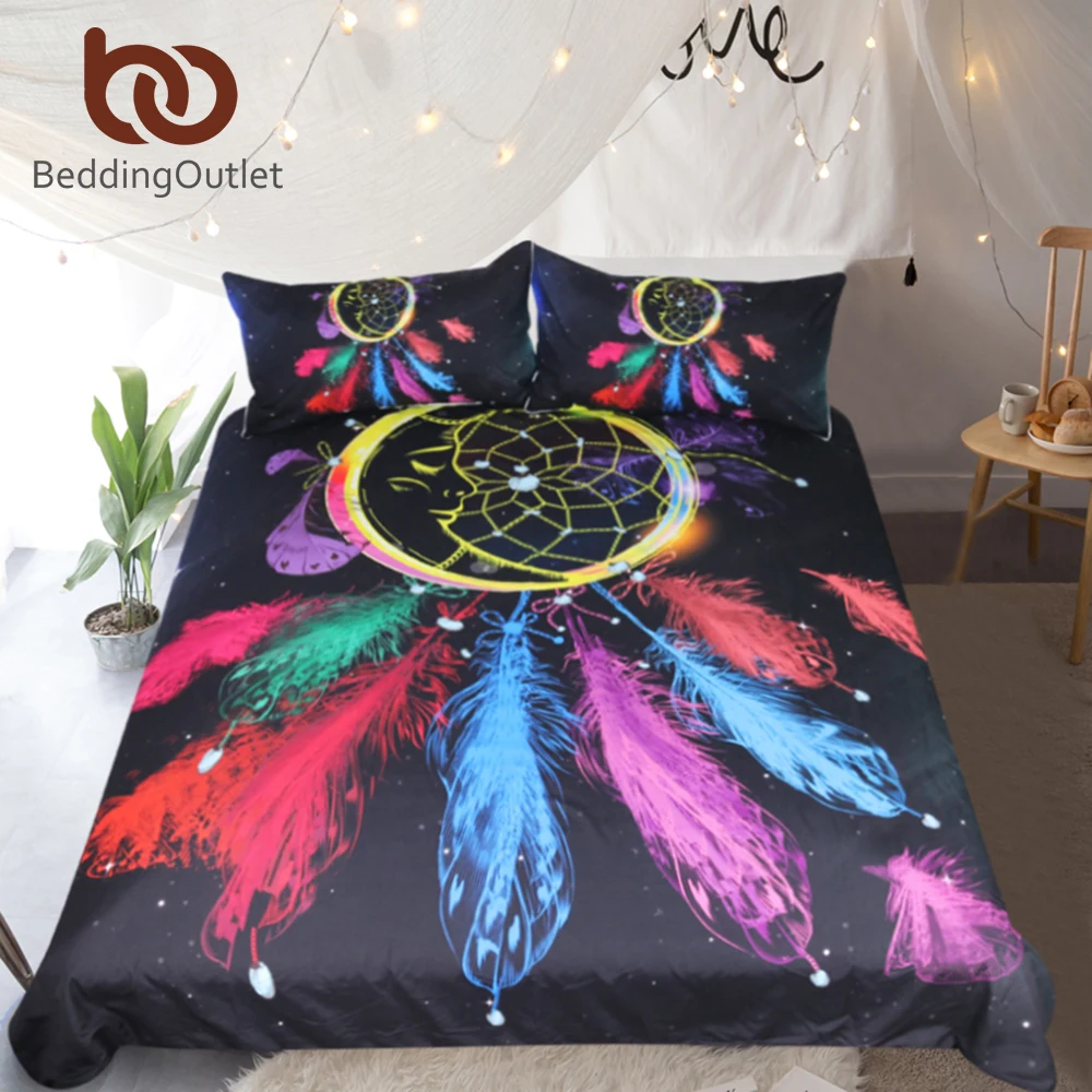 

BeddingOutlet Dreamcatcher Bedding Set Queen Colorful Feathers Duvet Cover Night Moon Bedclothes 3pcs Black Bohemian Bed Set