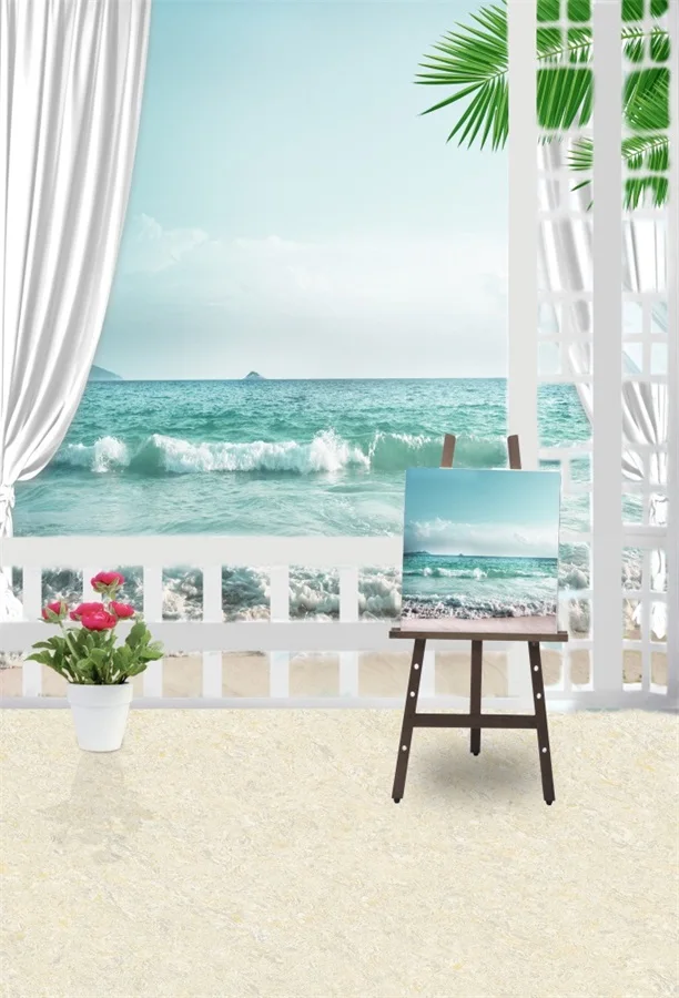 

Laeacco Summer Seaside Waves Curtain Pavilion Painting Photography Backgrounds Vinyl Custom Camera Backdrop For Photo Studio