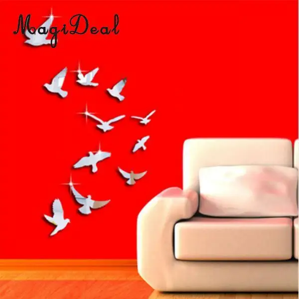 MagiDeal High Quality 11Pcs Birds Acrylic 3D Mirror Effect Wall Stickers for Home Walls Doors Windows Closet Decor Vinyl Decal