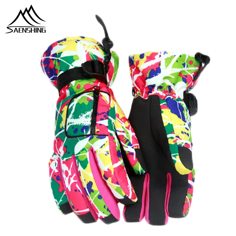 

SAENSHING Winter Couple Ski Gloves Outdoor Sports Colorful Camouflage Warm Gloves Men Women Snowboard Gloves with pocket Skiing