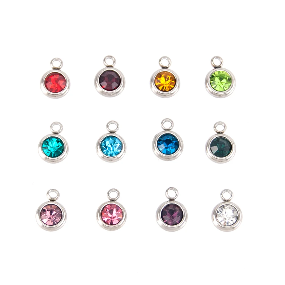 

Simsimi birth stone charms Stainless steel 6mm(0.23inch) pendants crystal diy Bracelet & Necklace accessories 12pcs/lot Mixed