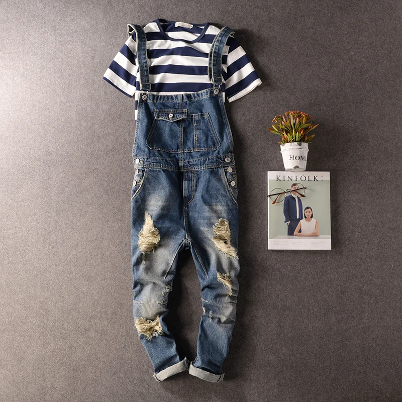 

Retro youth hole jeans strap slim pants nine Korean conjoined cowboy suspenders trousers for men