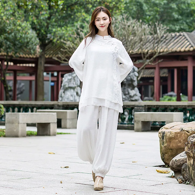 

Original Retro Literary Cotton and linen Buckle Tea Suit Loose Large size Chinese Style Yoga Zen Suit Women Tai Chi Clothes