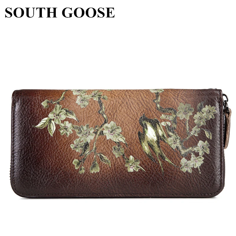 

SOUTH GOOSE Women Wallets Leather Long Clutch Wallets Female Chinoiserie Style Printing Animal Card Holder Cowhide Money Purse