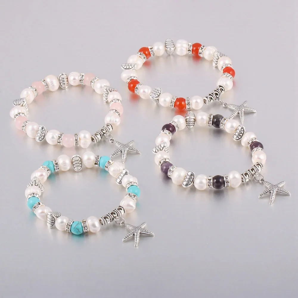 

100% Natural Freshwater 8-9 mm Pearl Bracelets for Women with Starfish Pendants as Jewelry Gift Multi Color Bangles