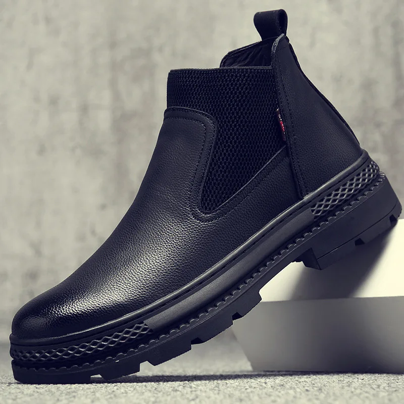 

Round Toe Low Spring Autumn Chelsea Boots Men Fashion Retro Ankle Martin Boots Sewing Solid Slip-On Casual Motorcycle Shoes