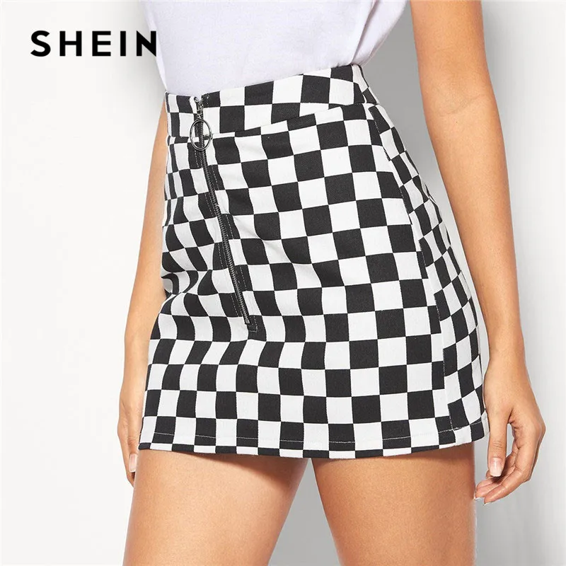 

SHEIN Black and White Lady Casual O-Ring Zip Fly Checkered Mini Skirt Women Summer Glamorous Bodycon Mid Waist Plaid Skirt