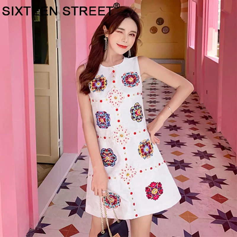 

Woman clothing white color diamond embroidery Dress vestidos appliques sleeveless Summer causal mini dress robe femme dropship