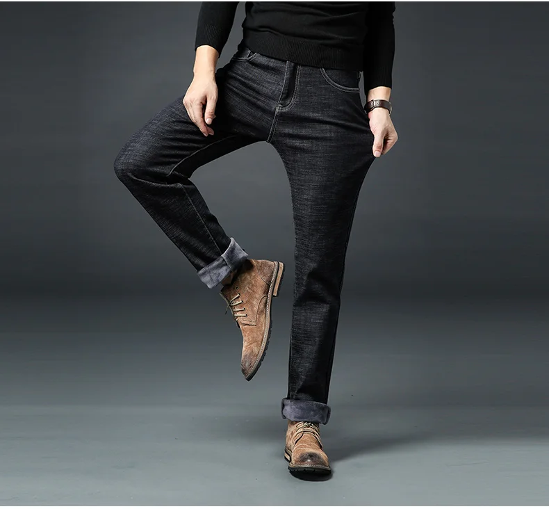 Мужские зимние джинсы, теплые плотные Стрейчевые прямые джинсы из денима, мужские хлопковые брюки, мужские джинсы большого размера 44, 46, мужские флисовые джинсы