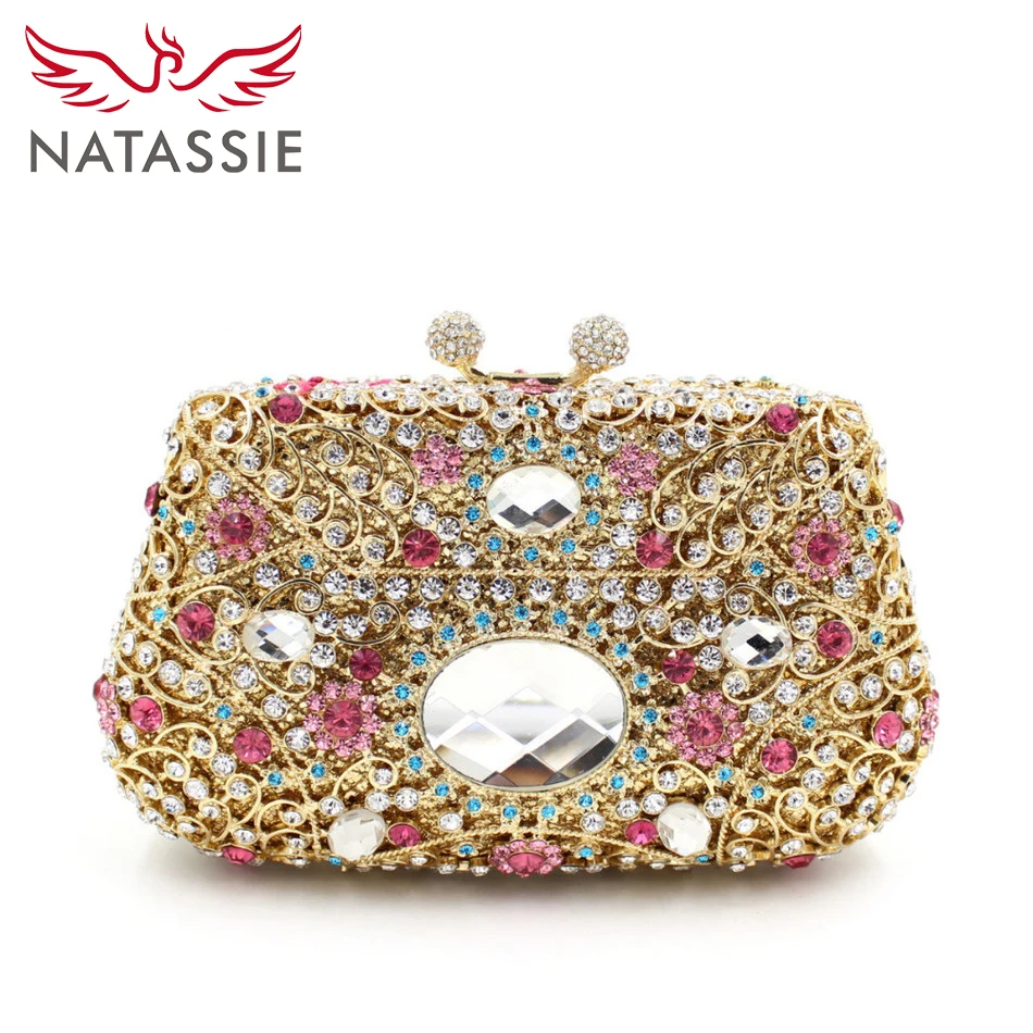NATASSIE Women Gold Evening Bags Luxury Rhinestone Clutches Bag Female
