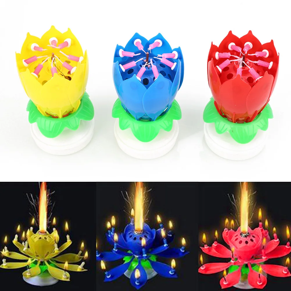 

Flowers Candle Lamp Musical Candles Dual Layers Rotating Lights Red/Yellow/Blue