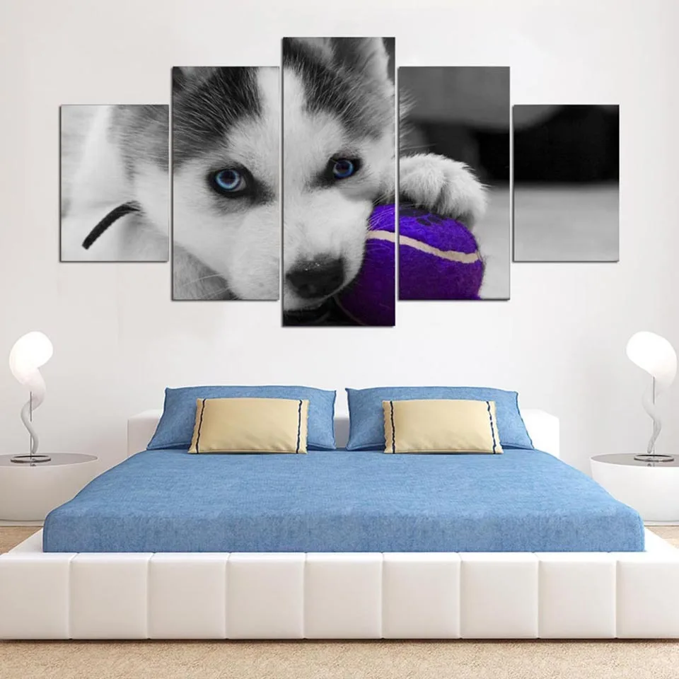 For Living Room Decor Framework Modern HD Printed 5 Panel Lovely Husky