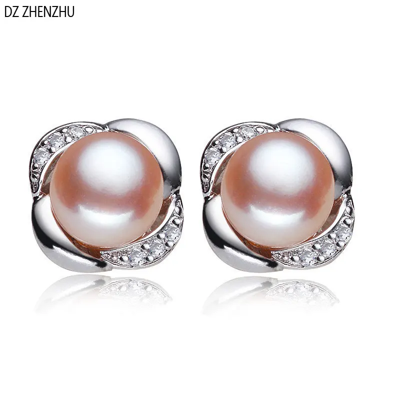 

DZZHENZHU Freshwater Pearl Silver Earrings 925 Sterling Silver for Women/woman's fashion jewelry with 8mm pearl