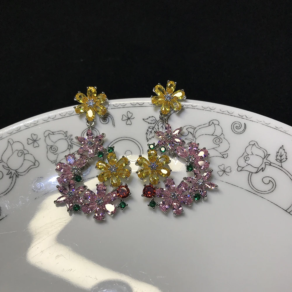 Высококачественные Потрясающие разноцветные желтые розовые серьги-капли с кубическим цирконием и кристаллами для женщин, свадебные ювелирные изделия