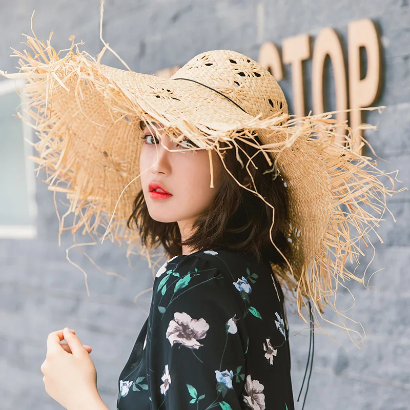 اليدوية نسج 100% الرافية قبعات للحماية من الشمس للنساء شريط أسود الدانتيل يصل كبيرة حافة القش قبعة في الهواء الطلق شاطئ الصيف قبعات Chapeu Feminino