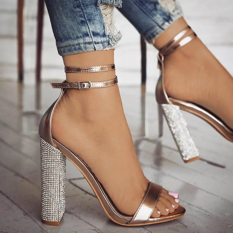 Women Gold Rhinestone Ankle Strap High Heels Sandals Shoes Ladies Sexy ...