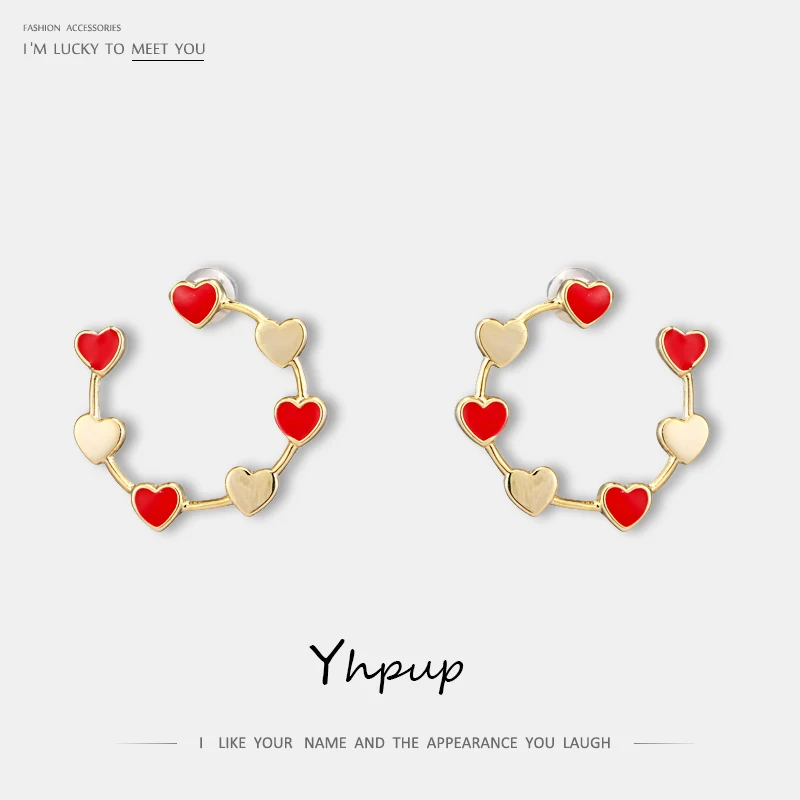 Yhpup трендовые милые романтические красные эмалированные геометрические серьги-гвоздики в форме сердца медные металлические серьги S925 ювелирные изделия для девочек 14 к подарок