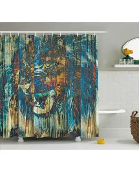 

Safari Shower Curtain Rustic Timber Wild Lion Print For Bathroom Waterproof And mildew resistant Set Hooks