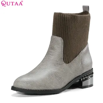 

QUTAA 2018 Women Ankle Boots PU Leather Fashion Slip on Round Toe Square High Heel Westrn Style Women Boots Size 34-39