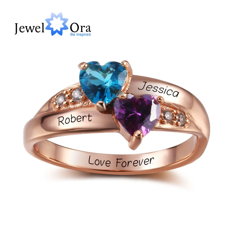 Birthstone Heart Rings Personalized Jewelry Engrave 925 Sterling Silver CZ Rings Birthday Gift For Girls (JewelOra RI102347)