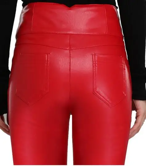 Осенне-зимние корейские женские красные узкие брюки-карандаш с высокой талией из искусственной кожи, осенние женские флисовые брюки на пуговицах 3xl