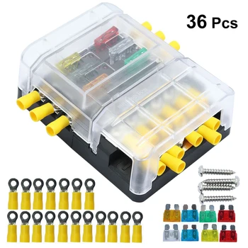 

36 Pcs 6 Way 32V 100A Fuseholder Fuse Box Holder 12P Screw Type Negative Busbar With Fuses Terminals For Car Marine Boat