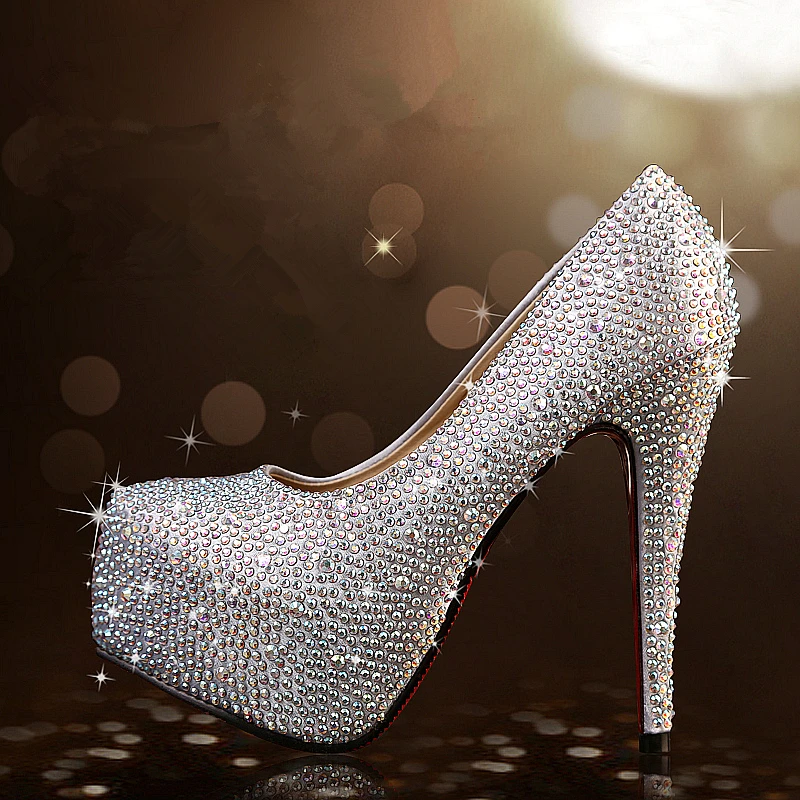 

Rhinestone High Heels Women Pointed Toe Heels Crystal bling Silver Shoes high heels pumps 14cm Party Wedding shoes