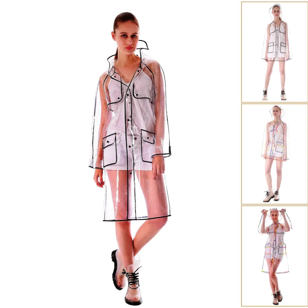 

Men Runway Hooded Poncho Rain Coat Females Jacket EVA Vinyl Waterproof Transparent Rain Parka Coat Outdoor Travel Rainsuit 7R14
