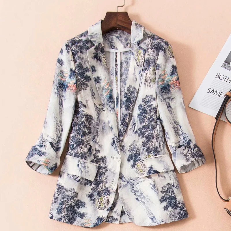 60% OFF SEQINYY Short Jacket 2020 Summer Spring New Fashion Design 3/4 Sleeve Ink Forest Printed Thin Casual  Women Linen Blazer