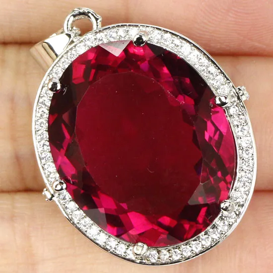 Long Big Gem 22x18nm Pink Raspberry Rhodolite Garnet CZ Woman s Gift 925 Silver Pendant 30x22mm