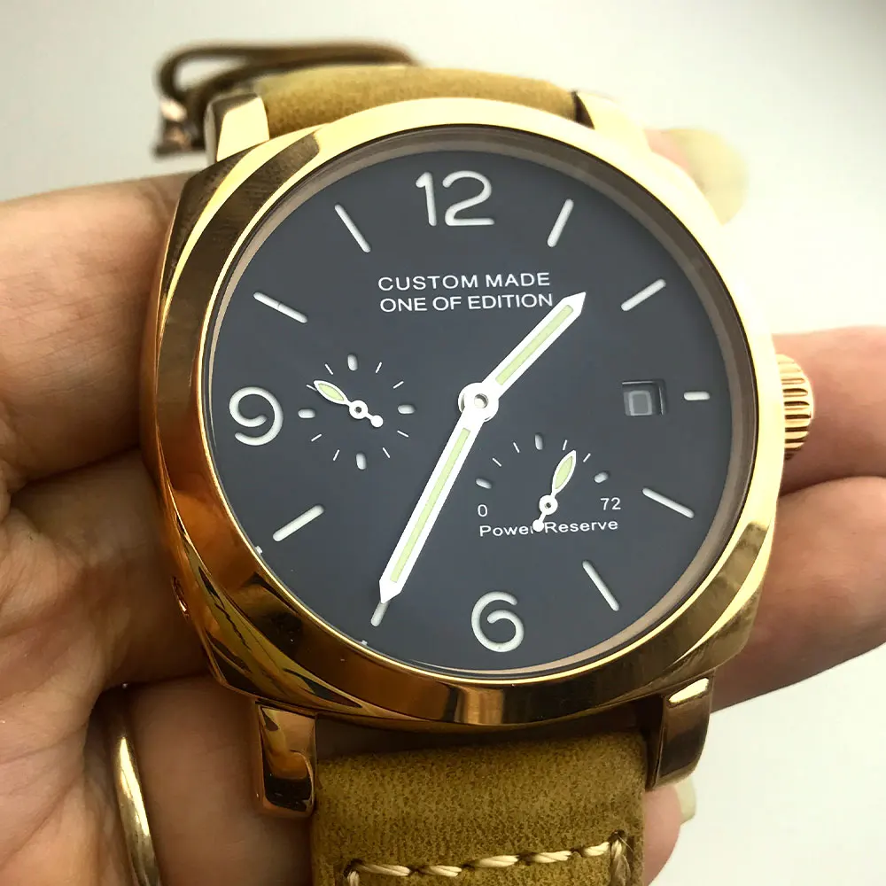 

Parnis new 44 mm black dial gold case leather strap date luxury automatic movement watch p1127-3