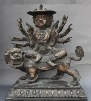 

S0964 18"tibet buddhism fane silver 3 head 6 arms Mahakala god ride lion buddha statue