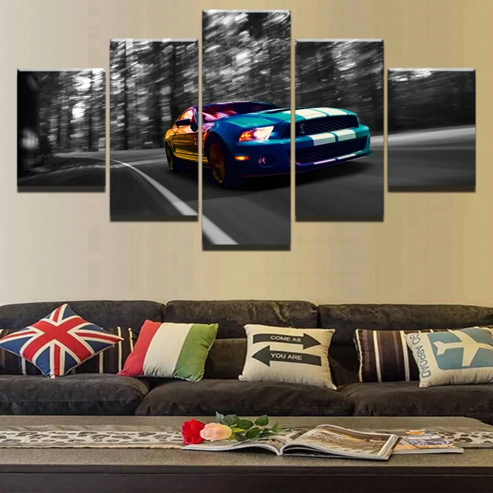 

Canvas Art Printed Abstract Painting 5 Pieces Flashy Colorful Blue Sports Car Poster Wall Picture Home Decoration Kids Room
