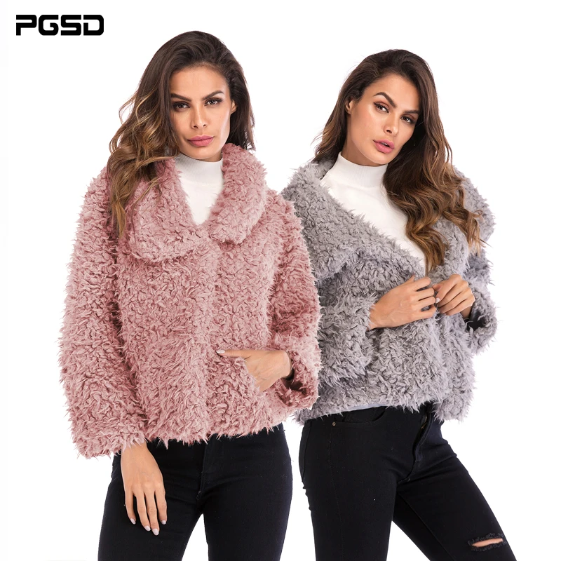 

PGSD Simple Fashion Pure color Women Clothes Winter turtleneck Long sleeves Plush overcoat warm short Fleece jacket female