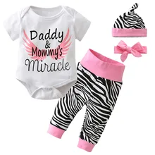 4 шт./компл. Летний стиль для новорожденных для маленьких девочек одежда с короткими рукавами для малышей с принтом в виде букв, комбинезон+ штаны+ головной убор+ повязка на голову, комплект одежды для новорожденных