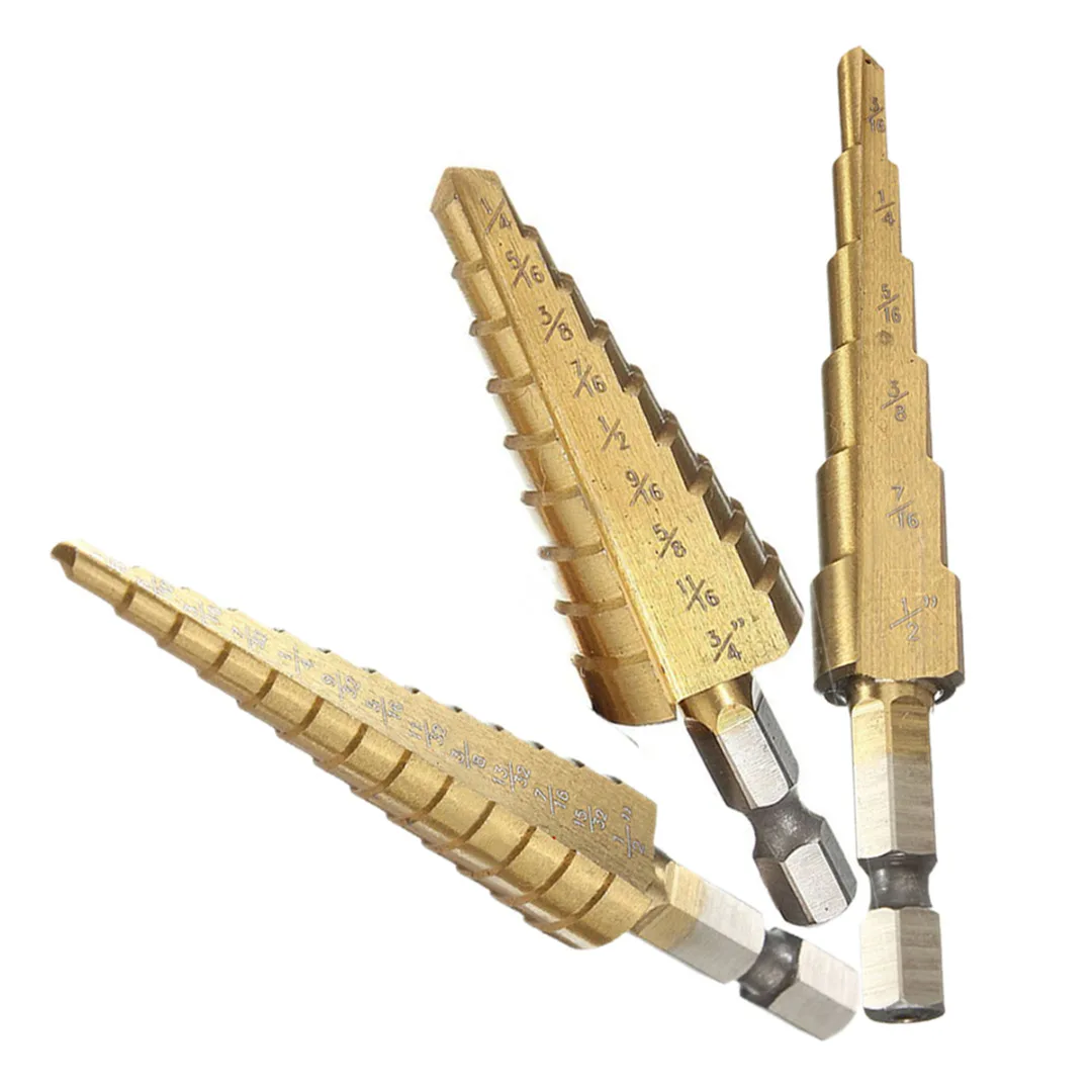 3pcs HSS 4241 Step Cone Drill Bit Set 1/4" Hex Shank Titanium Coated