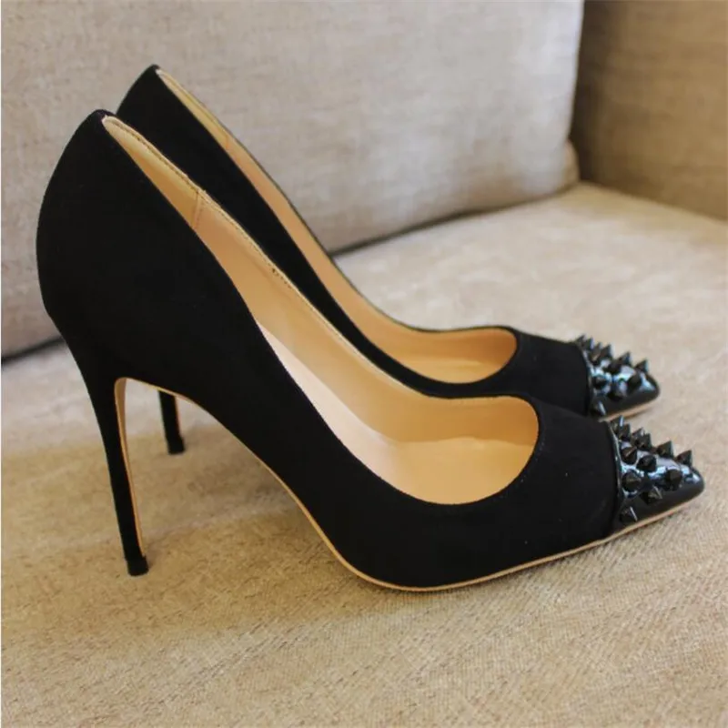 

Free shipping fashion women Pumps lady Black studded spikes Pointy toe high heels shoes size33-43 12cm 10cm 8cm Stiletto heeled