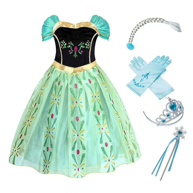 Платье принцессы Анны для девочек; Детский карнавальный костюм; парик с короной; Снежная королева; детское платье для костюмированной вечеринки на день рождения и Рождество - Цвет: Dress and Set01