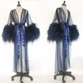 

Sexy Sheer Tulle Night Robe Long Sleeves Feathers Party Sleepwear Custom Made Floor Length Nightgowns Robes
