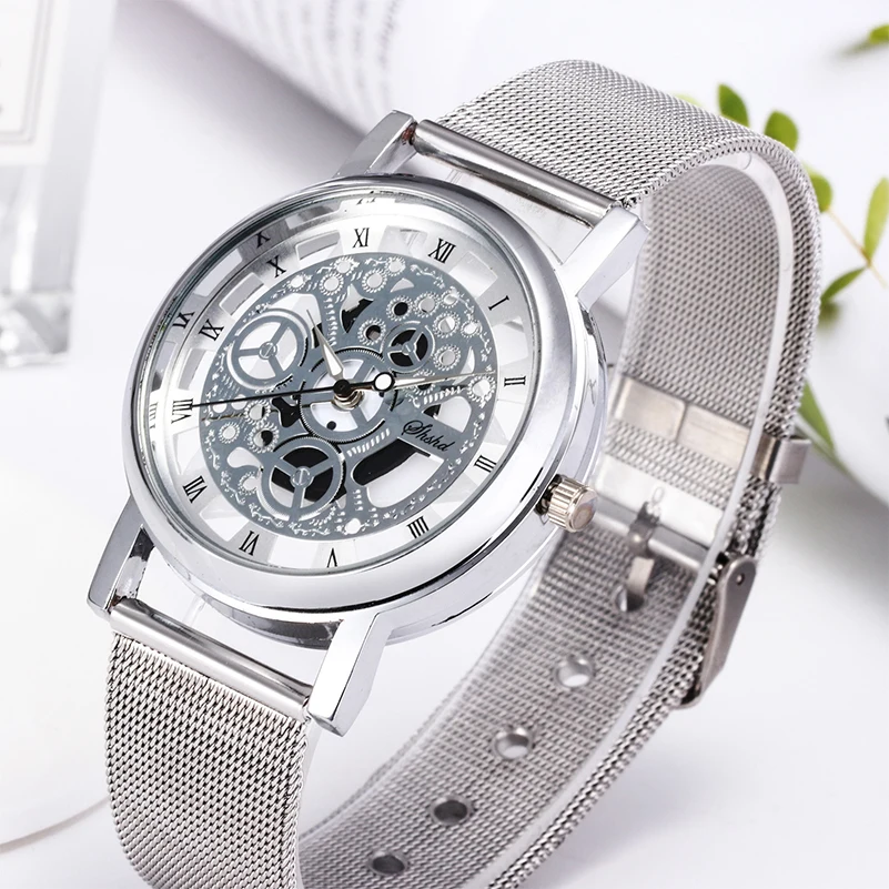 

Watches For Men Women Casual Transparent Skeleton Stainless Steel Quartz Lovers Engraving Wrist Watch Simple Couple Wristwatches