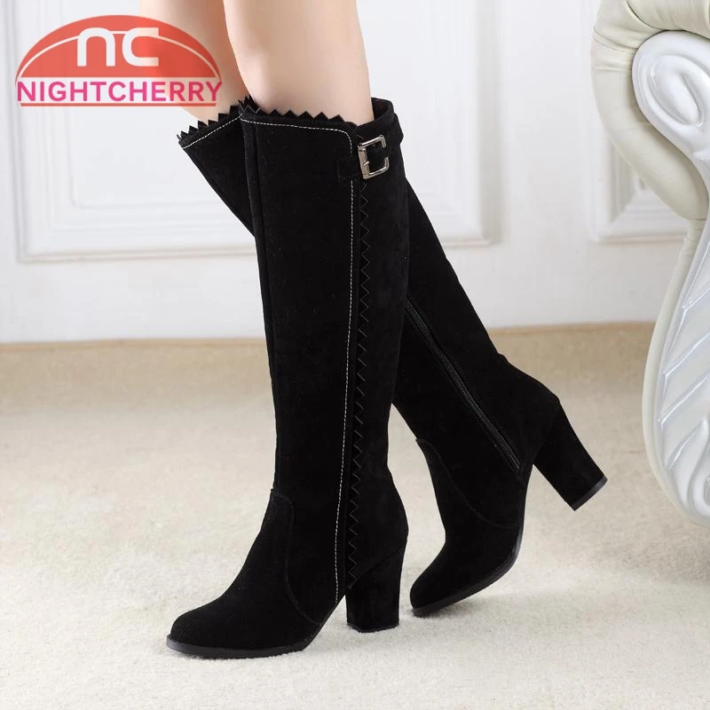 

NIGHTCHERRY Plus Size 32-48 Sexy Women Knee High Boots Winter Fur Warm Shoes Women Buckle High Heel Boots Ruffles Zipper Shoes