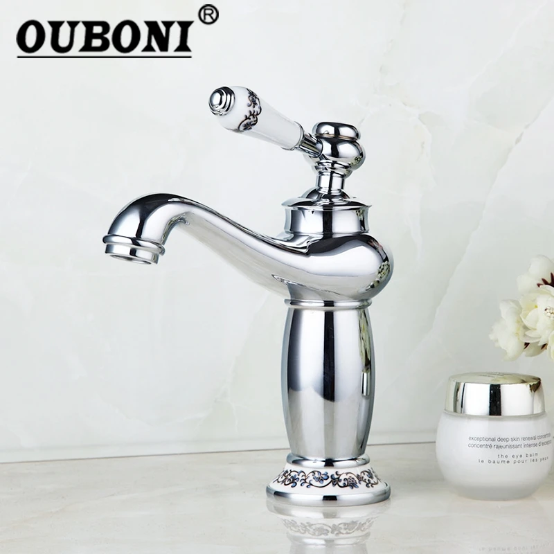 

OUBONIChrome Polished Bathroom Faucet Silver Deck Mounted Ceramic Handle Bathroom Wash Basin Sink Faucets,Mixers & Taps