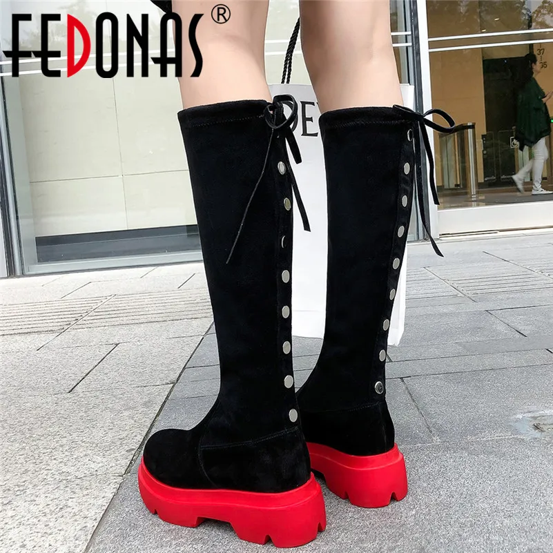 

FEDONAS 2020 Autumn Winter Warm Kid Suede Women Knee High Boots Lace Up Long Boots Sexy Riding Boots Night Club Shoes Woman