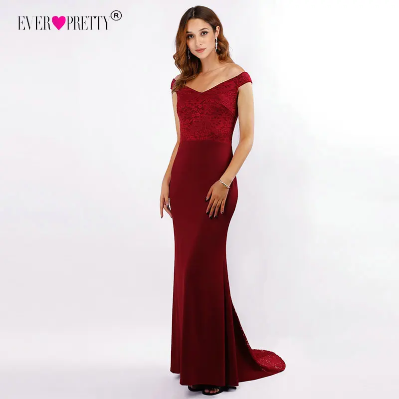 

Burgundy Evening Dresses Long Ever Pretty Elegant V-Neck Off The Shoulder Formal Dress EZ07585BD Split Joint Lace robe de soiree