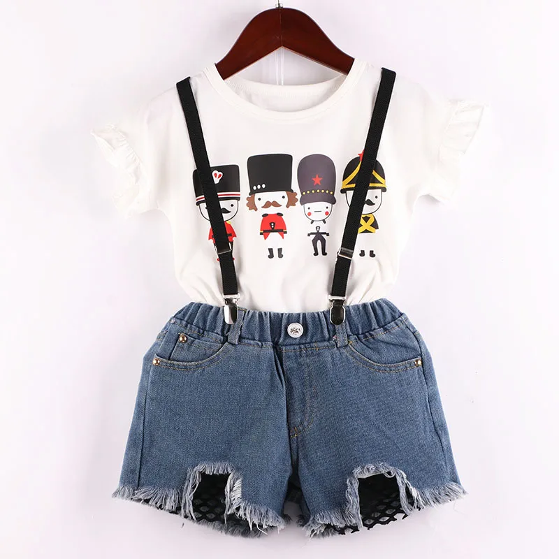 Girls Clothes Set Soldier Printed White Shirt And Jeans Shorts Overall Clothing Suit Summer Fashion Outfits Baby Kids Clothes