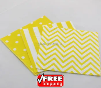 

60pcs Yellow Mixed 3 Designs Stripe Polka Dot Chevron 100% Pure Wood Pulp Paper Napkins,Party Supplies,Decorations,Tableware