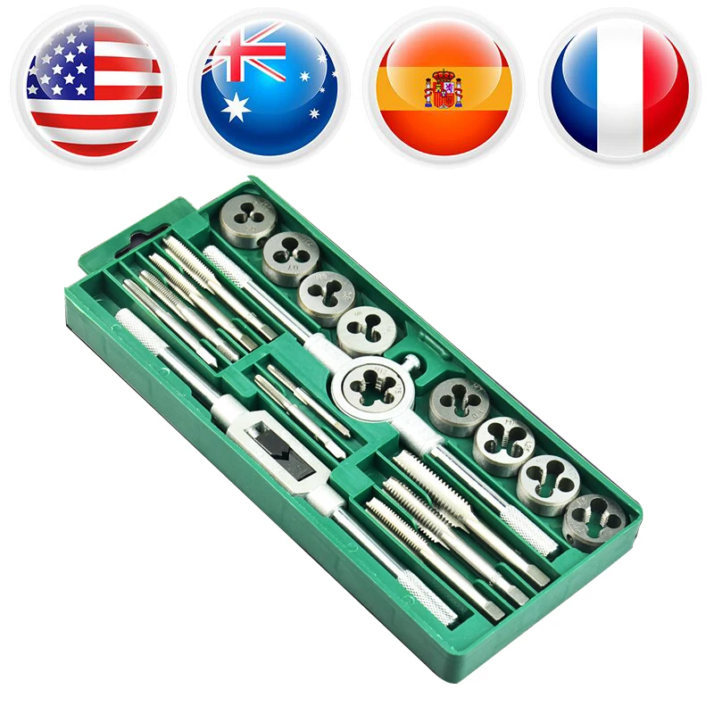 

20pcs/Set Tap and Die Set Alloy Steel Screw Tapping Tools Kit M3~M12 Thread & Tap Wrench & Die Wrench Hand Repair Tools torneira