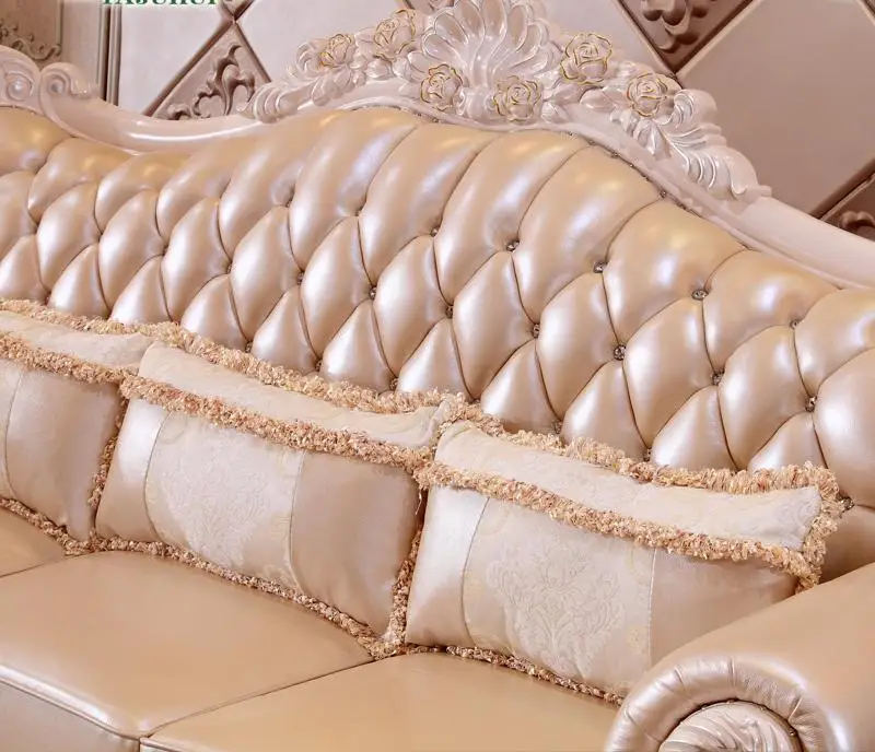 Европейский стиль кожаный диван с деревянным каркасом резная древесина мебель в квартиру, виллы, Гостиная диван-кровать