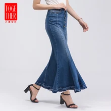 Уличный стиль Женская повседневная одежда осенняя хлопковая юбка русалки синяя пуговица Алмазная джинсовая юбка длиной до лодыжки