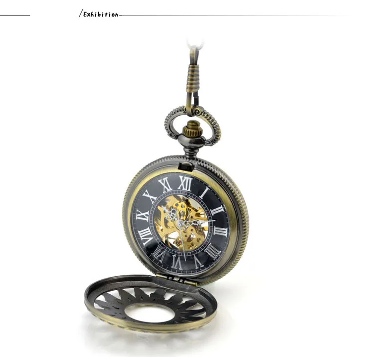 Antique Brown Skeleton Mechanical Vento Mão relógio